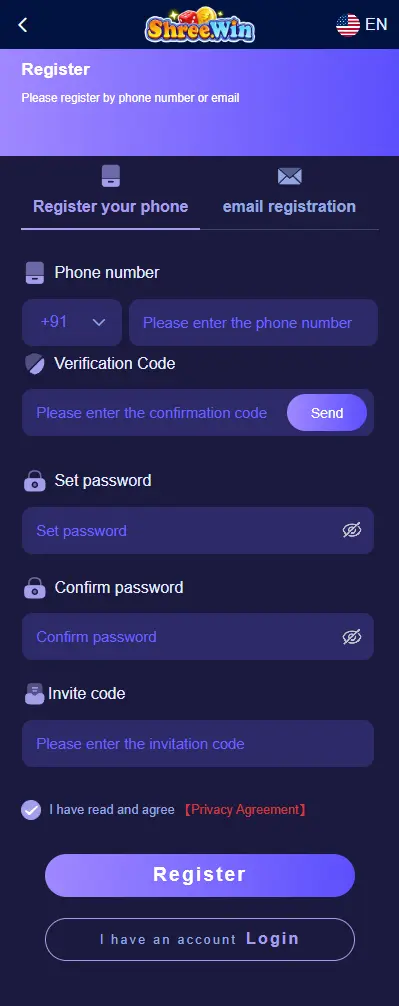 ShreeWin register screen with phone number and invite code fields